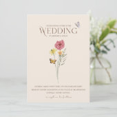 Whimsical Roze Gele Wilde Bloem Vlinder Bruiloft Kaart (Staand voorkant)