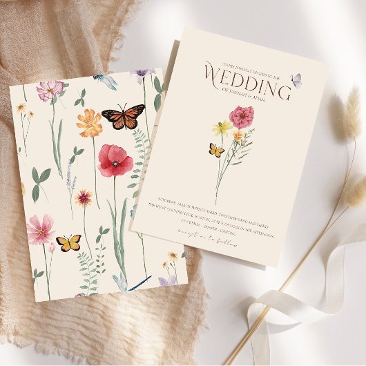 Whimsical Roze Gele Wilde Bloem Vlinder Bruiloft Kaart