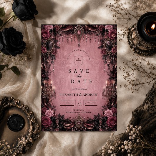 Whimsical Roze Goth Huwelijk Save The Date
