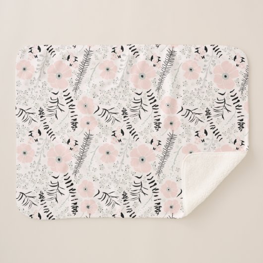 Whimsical roze grijs bloemmotief sherpa deken (Voorkant (horizontaal))