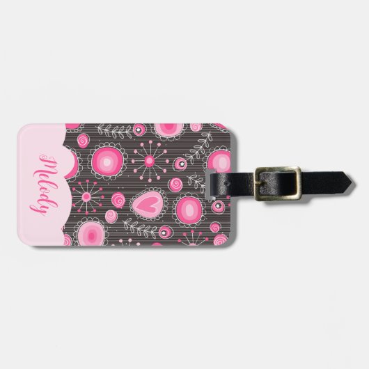 Whimsical roze grijze harten en bloemen bloemige n bagagelabel (Voorkant horizontaal)