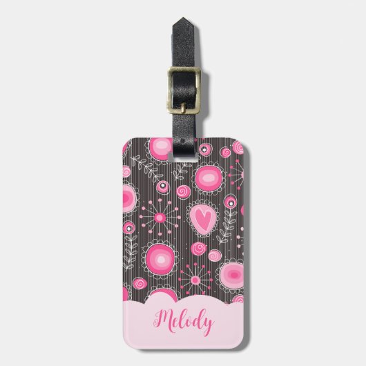 Whimsical roze grijze harten en bloemen bloemige n bagagelabel (Voorkant verticaal)
