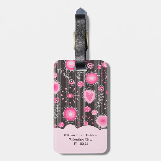 Whimsical roze grijze harten en bloemen bloemige n bagagelabel (Achterkant verticaal)