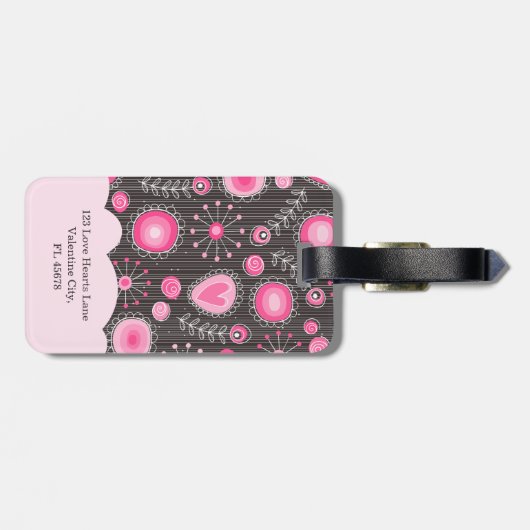 Whimsical roze grijze harten en bloemen bloemige n bagagelabel (Achterkant horizontaal)