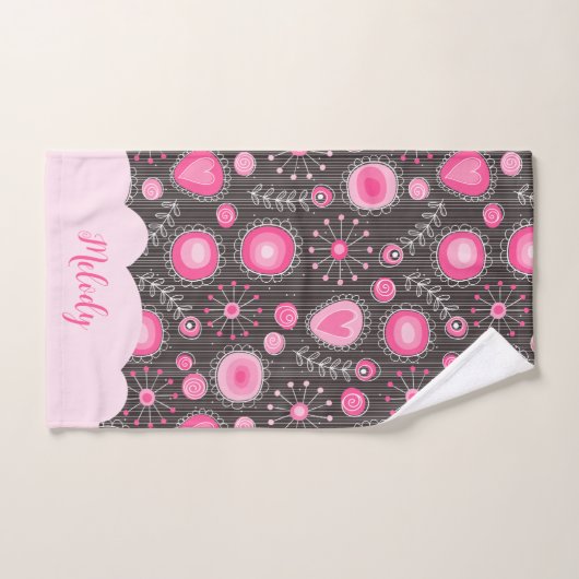 Whimsical roze grijze harten en bloemen bloemige n handdoek (Handdoek)
