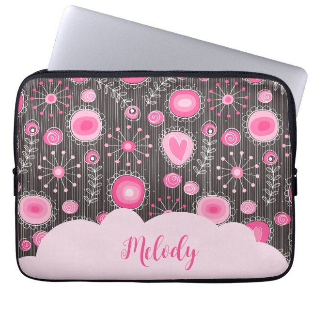 Whimsical roze grijze harten en bloemen bloemige n laptop sleeve (Voorkant)