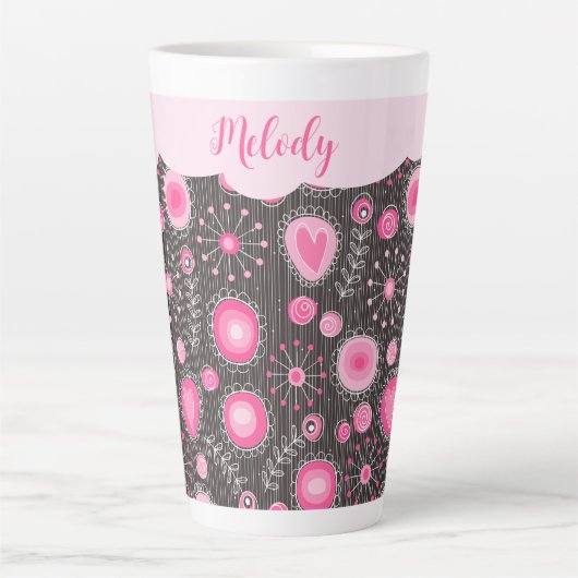 Whimsical roze grijze harten en bloemen bloemige n latte mok (Voorkant)