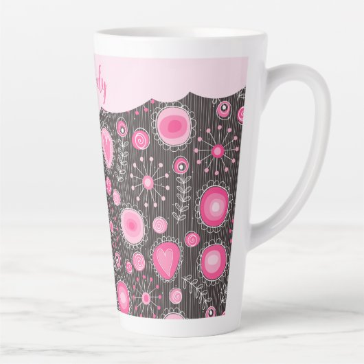 Whimsical roze grijze harten en bloemen bloemige n latte mok (Rechts)