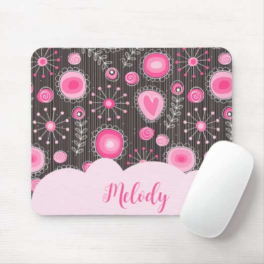 Whimsical roze grijze harten en bloemen bloemige n muismat (Met muis)