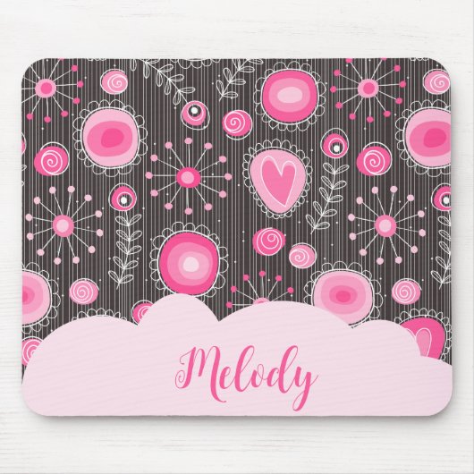 Whimsical roze grijze harten en bloemen bloemige n muismat (Voorkant)