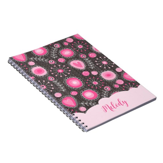 Whimsical roze grijze harten en bloemen bloemige n notitieboek (Rechterzijde)