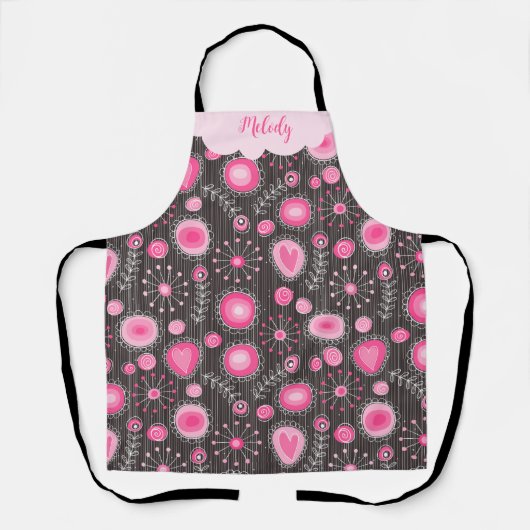 Whimsical roze grijze harten en bloemen bloemige n schort (Voorkant)