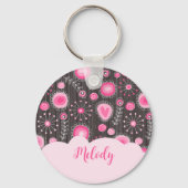 Whimsical roze grijze harten en bloemen bloemige n sleutelhanger (Voorkant)