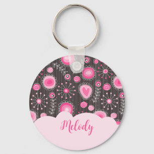 Whimsical roze grijze harten en bloemen bloemige n sleutelhanger