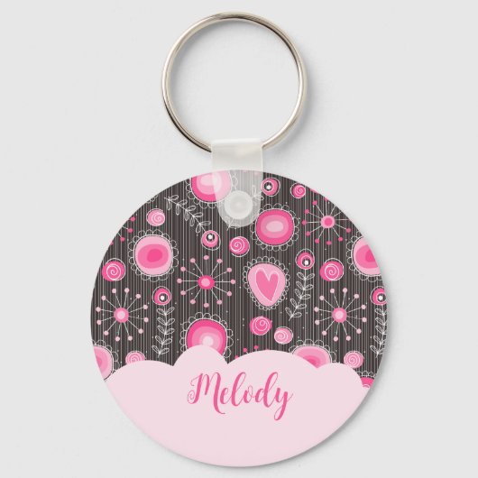 Whimsical roze grijze harten en bloemen bloemige n sleutelhanger (Voorkant)