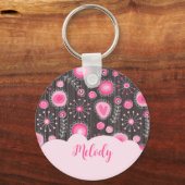 Whimsical roze grijze harten en bloemen bloemige n sleutelhanger (Achterkant)