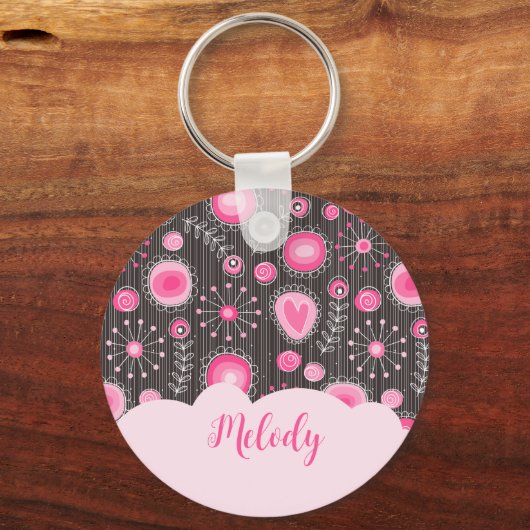 Whimsical roze grijze harten en bloemen bloemige n sleutelhanger (Achterkant)