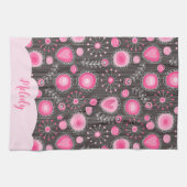 Whimsical roze grijze harten en bloemen bloemige n theedoek (Horizontaal)