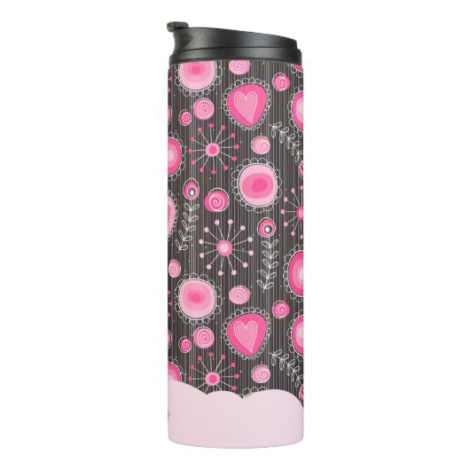 Whimsical roze grijze harten en bloemen bloemige n thermosbeker (Geroteerd rechts)