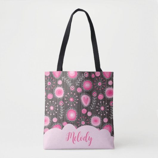 Whimsical roze grijze harten en bloemen bloemige n tote bag (Voorkant)
