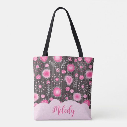 Whimsical roze grijze harten en bloemen bloemige n tote bag (Achterkant)