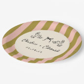 Whimsical roze groen gestreepte krabbelbruiloft papieren bordje (Gekanteld)