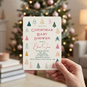 Whimsical Roze & Groene Kerstboom Baby Shower Magneet