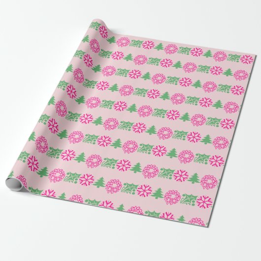 Whimsical Roze & Groene Kerstboom Holly Krans Cadeaupapier (Uitgerold)