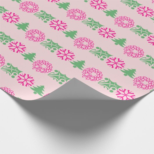 Whimsical Roze & Groene Kerstboom Holly Krans Cadeaupapier (Hoek)