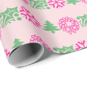 Whimsical Roze & Groene Kerstboom Holly Krans Cadeaupapier (Rol Hoek)