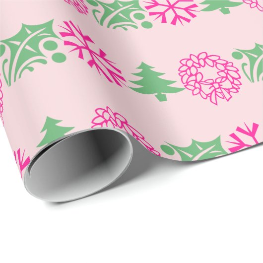 Whimsical Roze & Groene Kerstboom Holly Krans Cadeaupapier (Rol Hoek)