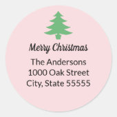 Whimsical Roze Groene Kerstboom Retouradres Ronde Sticker (Voorkant)