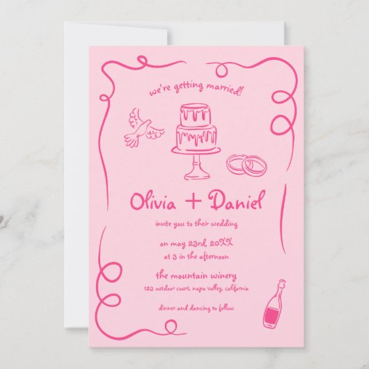 Whimsical Roze Hand getekend  Franse bruiloft Kaart (Voorkant)