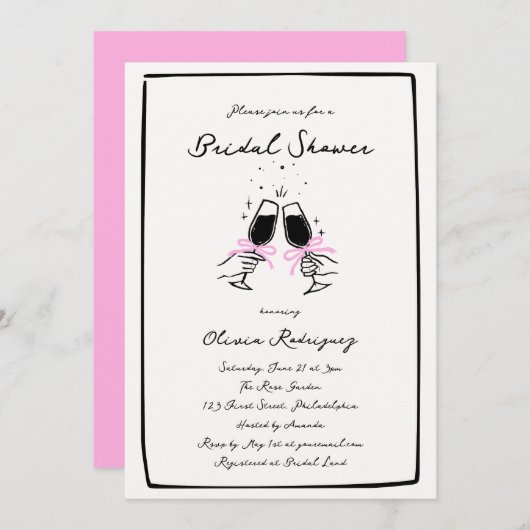 Whimsical Roze Hand Getrokken Boog Glas Wedding Kaart (Voorkant / Achterkant)