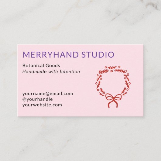 Whimsical Roze Hand getrokken Krans Kerstmis Visitekaartje (Voorkant)
