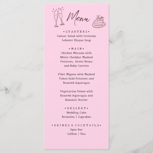 Whimsical Roze Handgetekende Geïllustreerde Trouw Menu (Voorkant)