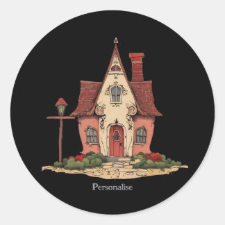 Whimsical Roze  Huis Fairy Witchy Zwart Ronde Sticker