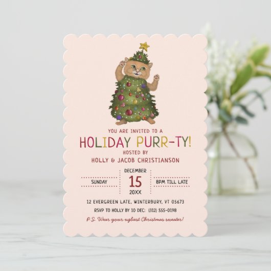 Whimsical Roze Kat Kerstboom Vakantie Party Kaart (Staand voorkant)