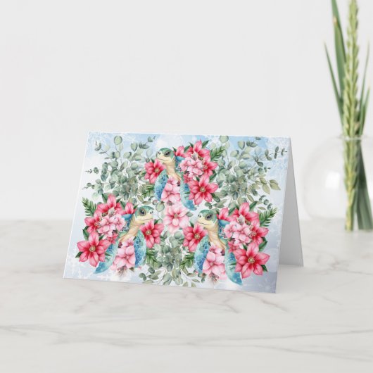 Whimsical Roze Kerst Bloemen & Zee Schildpad Kaart (Voorkant)