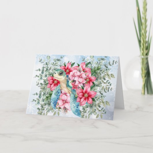 Whimsical Roze Kerst Bloemen & Zee Schildpad Kaart (Voorkant)