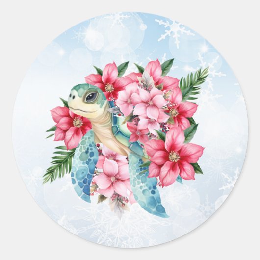 Whimsical Roze Kerst Bloemrijke Zee Schildpad Ronde Sticker (Voorkant)