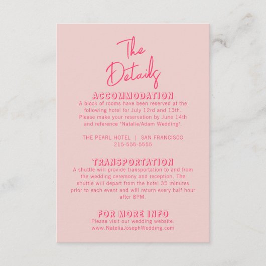 Whimsical roze kleurrijke moderne bruiloft details informatiekaartje (Voorkant)