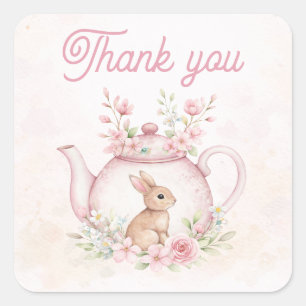 Whimsical Roze Konijn Theekan Bloemige Dank je wel Vierkante Sticker