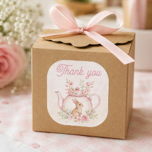 Whimsical Roze Konijn Theekan Bloemige Dank je wel Vierkante Sticker