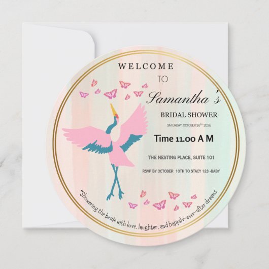 Whimsical Roze Kraan Bruiloft Feest Uitnodiging | (Voorkant)