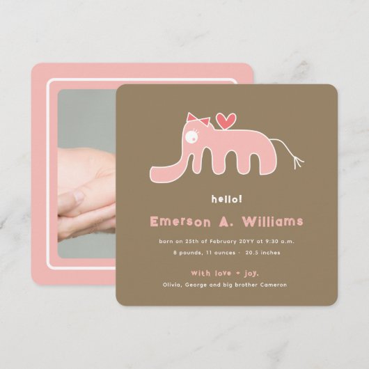Whimsical roze olifant liefde baby meisje foto geb aankondiging (Voorkant / Achterkant)