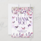 Whimsical Roze Paarse Vlinders & Wildbloemen Bedankkaart (Voorkant)