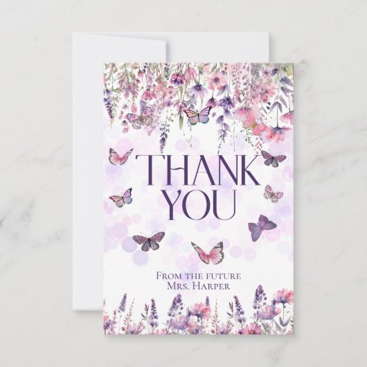 Whimsical Roze Paarse Vlinders & Wildbloemen Bedankkaart (Voorkant)