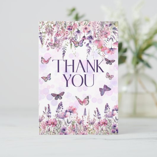 Whimsical Roze Paarse Vlinders & Wildbloemen Bedankkaart (Staand voorkant)
