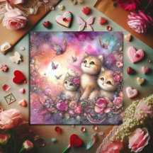 Whimsical Roze Paarse Waterverf Kittens Valentijn